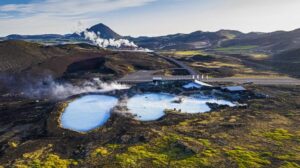 Steam rising from the Myvatn Nature Baths near Reykjahlid